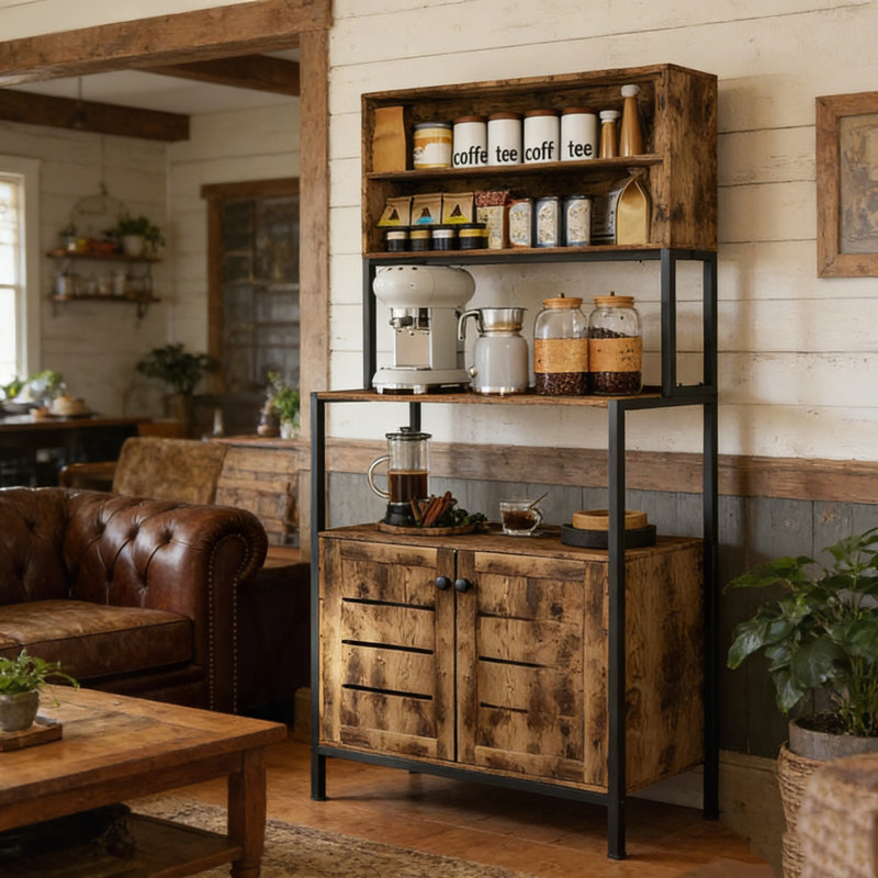 Support à café avec prise de courant, ports USB et rangement à plusieurs niveaux pour la cuisine ou le salon