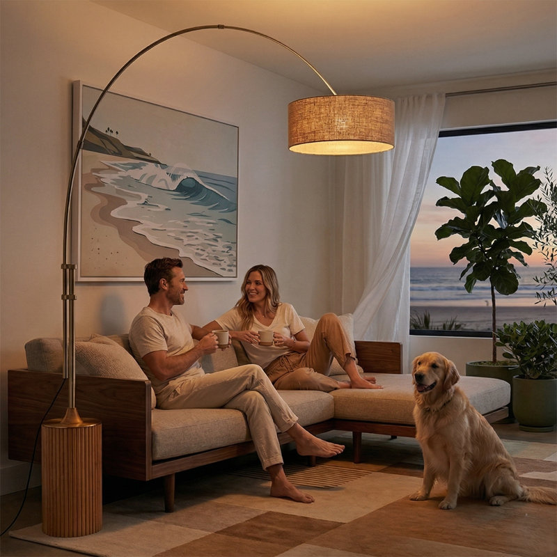 Tambo 92"H 1-Light Arc Lamp, Burlap Shade, Light Wood Base, Weathered Brass, Dimmable, for Living Room or Bedroom, Burlap