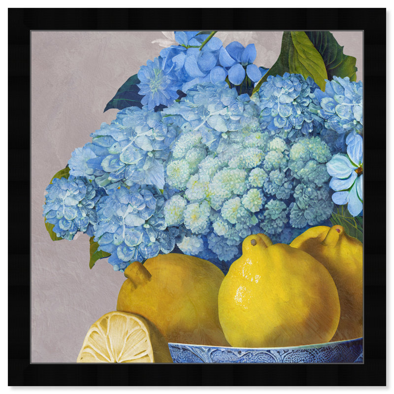 Hydrangeas and Lemons Day - impression encadrée, H 14 po x l 14 po, Cadre noir