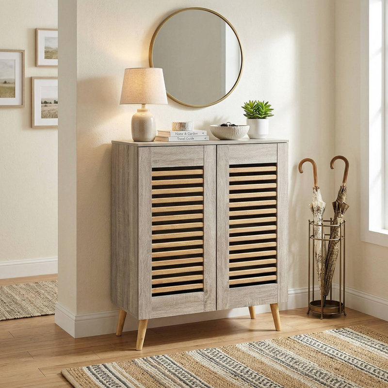 Durable Space Saving Freestanding Shoe Cabinet With Louvered Doors And Removable Adjustable Shelves For Entryway Hallway Closet Organization Use