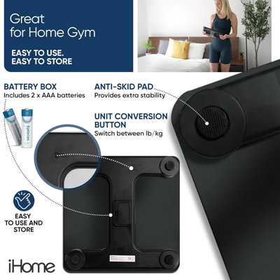 iHome Digital Bathroom Scale, Black — 400 lb Capacity, Tempered Glass