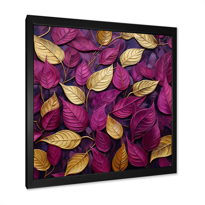 Feuilles dorées et roses charmantes I, Cadre simple noir, H 30 po x l 30 po x P 1 po