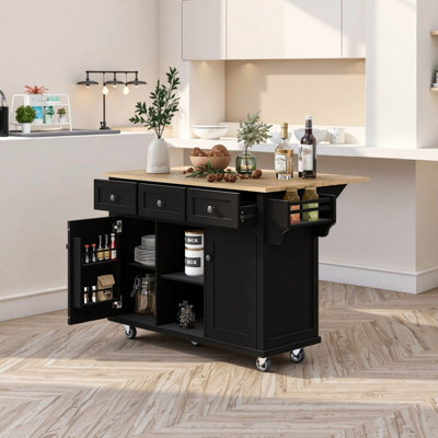 53.1" Kitchen Island with Drop-Leaf + Internal Storage Racks