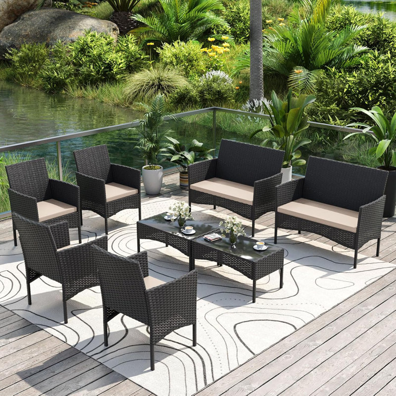 8-Piece Modular All-Weather Wicker Patio Conversation Set With Loveseats, Armchairs, And Tables, Tan