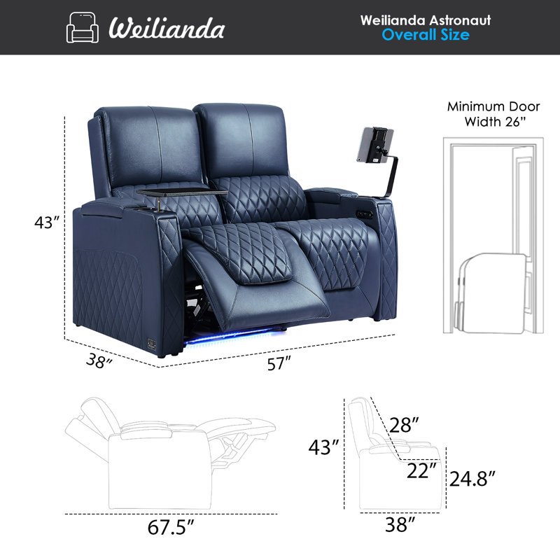 Haiylee Zero Gravity Home Theater Seating Top Grain Leather Recliner Sofa Power Headrest Footrest, Blue Genuine Leather