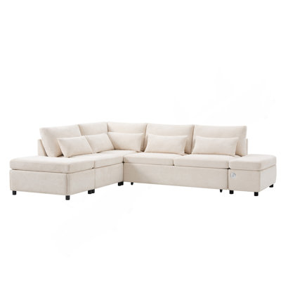 107'' Sectional Sleeper Sofa Bed With Pull Out Couch, L-Shaped With Adjustable Armrest, USB&Type-C Charging, Free Movement Storage Ottoman, Free Combination For Living Room&Apartment, Chenille
