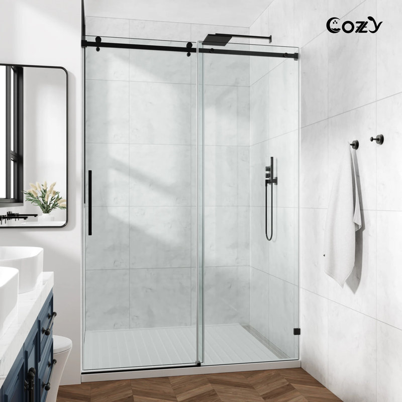 56-61" W X 76" H Frameless Single Sliding Shower Door with 3/8" Clear Tempered Glass - Square Top Rail, Matte Black