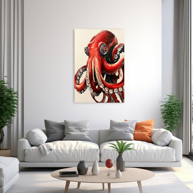«Vibrant Red Octopus Octopus Beach», art mural, H 60 po x l 40 po
