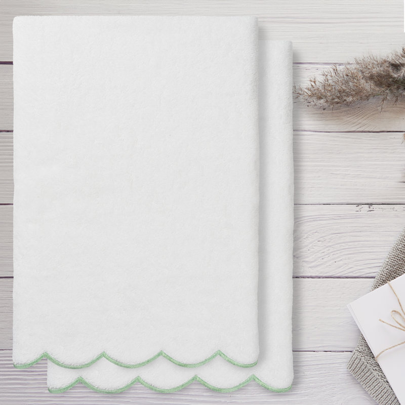  100% Turkish Cotton ADORNIA Scallop 2PC Bath Towel Set, White/Green, Bath Towel - 2 Pack