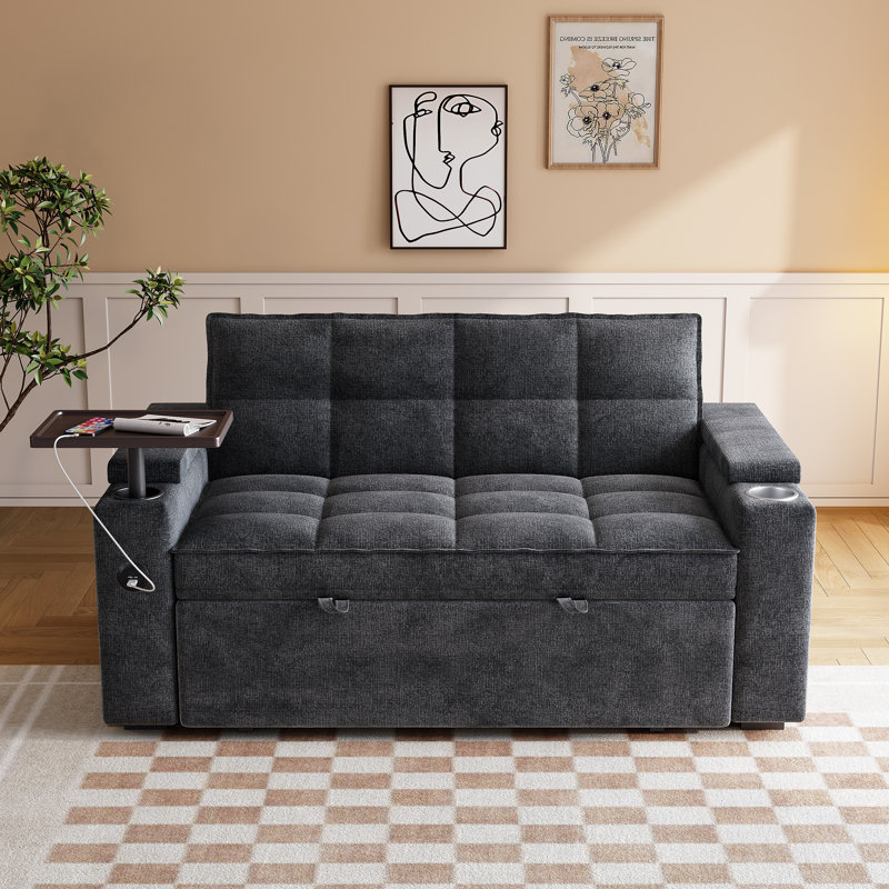 Canapé-lit convertible 65 po 3-en-1, canapé-lit coulissant avec table d'appoint pivotante à 360 °, canapé moderne revêtu de velours chenille, canapé peu encombrant pour salon, appartement et chambre d'amis, noir