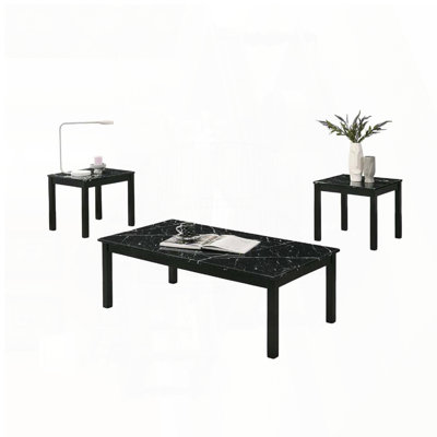 3-Piece Table Set with Faux Marble Top and Solid Wood Legs – Black