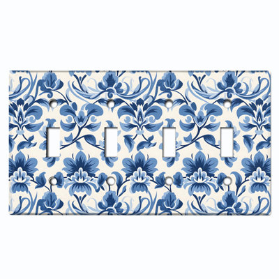 Metal Light Switch Plate Outlet Cover (Elegant Damask Blue Flower White - Quadruple Toggle)