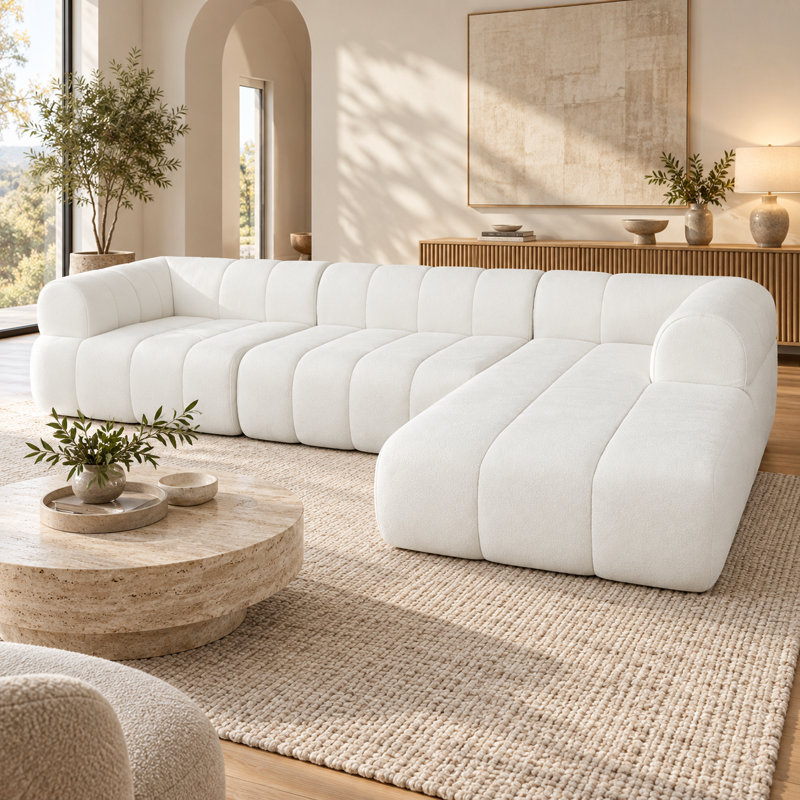 Canapé d'angle moderne sans cadre en forme de L de 310 cm de large avec méridienne à droite, mousse haute densité, canapé 2 pièces sans assemblage