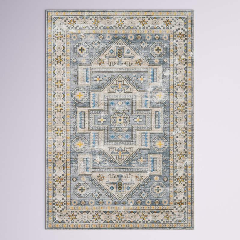 Ducote Washable Gray and Beige Machine Woven area rug, Rectangle 3' x 5'