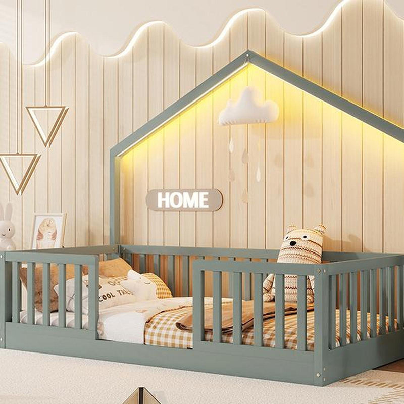 Lit simple à plancher surélevé, lit Montessori en bois avec lumière pour enfants, garçons et filles, gris, Gris