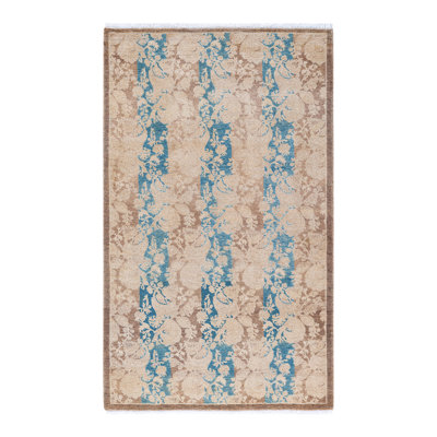 Tapis brun en laine noué à la main de conception unique 4 pi x 6 pi 4 po Hayner