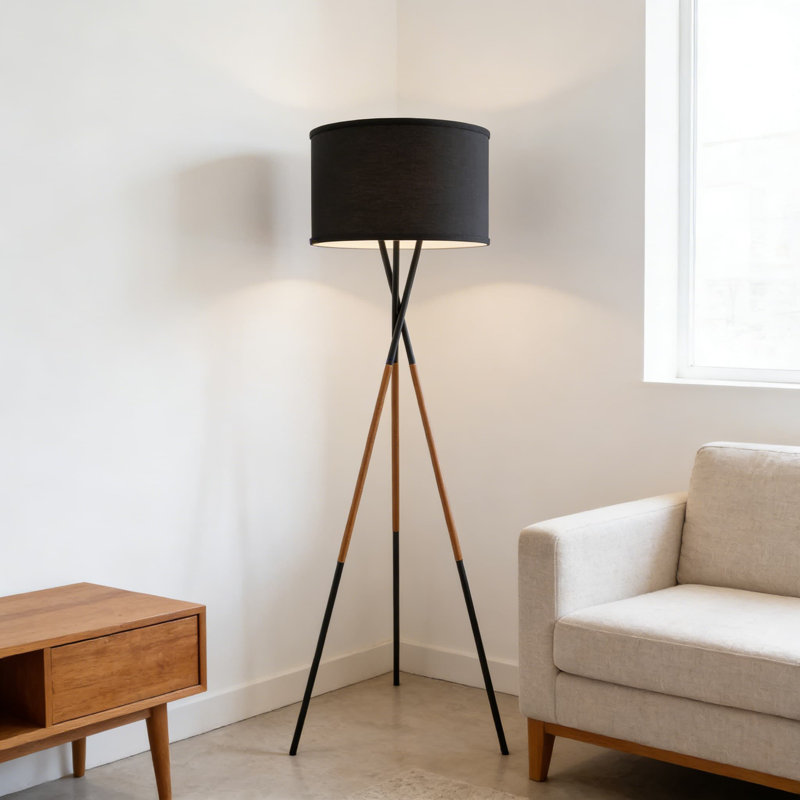 Lampe trépied moderne Mid-Century avec pieds décoratifs en cuir et abat-jour tambour noir, ampoule écoénergétique de 9 W incluse