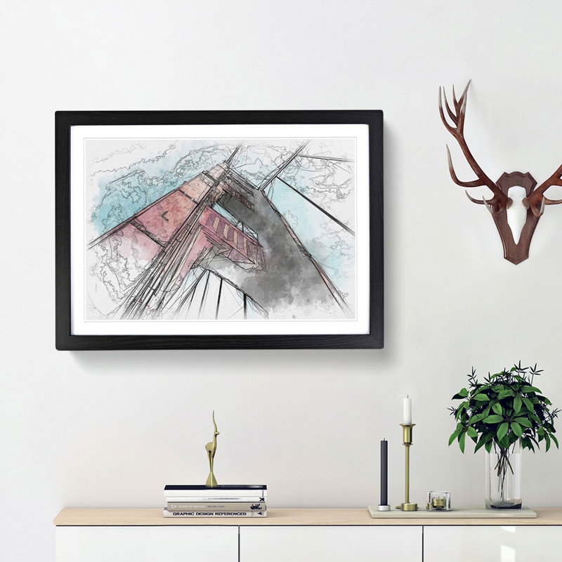 View of the Golden Gate Bridge in San Francisco Sketch - Picture Frame Graphic Art Print, 40cm H x 60cm W x 2cm D