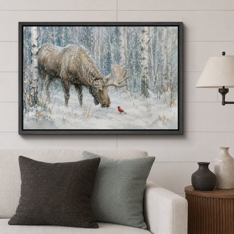 «Winter Moose Forest», reproduction d'art giclée sur toile encadrée, H 16 po x l 24 po x P 1,5 po, Cadre noir