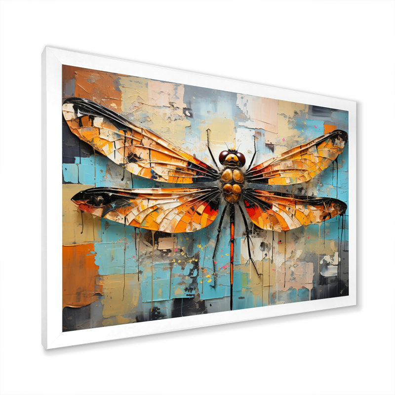 «Orange Dragonfly Insectes Flight Collage I», reproduction sur toile, H 12 po x l 20 po x P 1 po, Cadre photo blanc