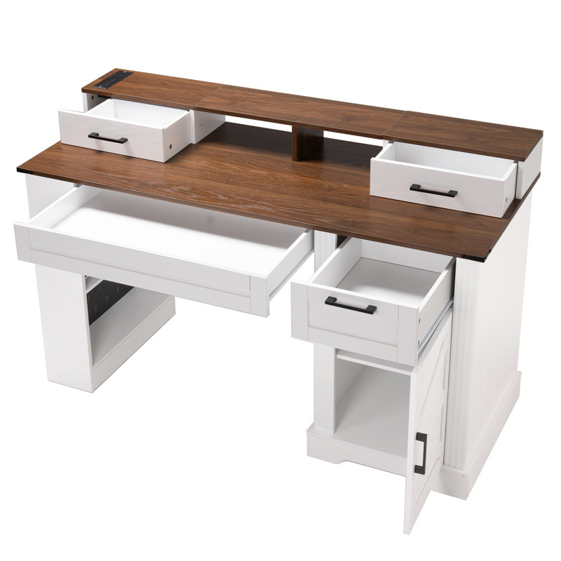 Bureau de ferme avec armoire de rangement et station de charge, Brun / Blanc
