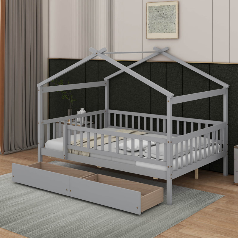 Lit en bois avec tiroirs, Gris, Lit double