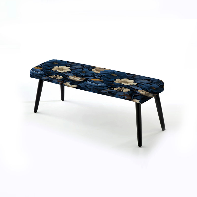 Floral Upholstered Black Bench,  Nightfall Dark Blue And White Floral Pattern