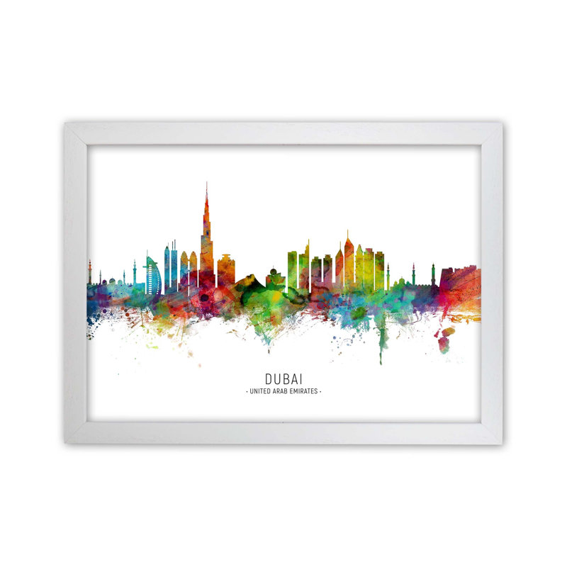 Dubai United Arab Emirates Skyline by Michael Tompsett - Print, White Framed, 34cm H x 46cm W x 3cm D