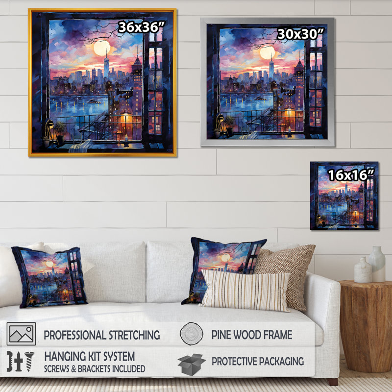 «Blue Nyc at Night Window View II - New York City», art mural, Toile tendue, H 30 po x l 30 po x P 1,5 po