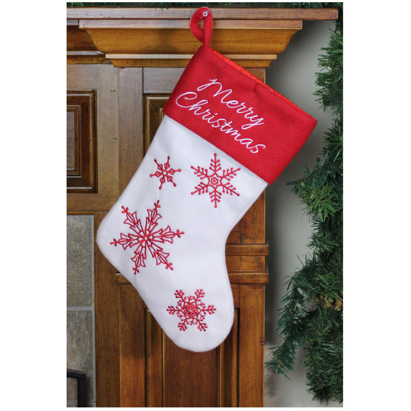 Chaussette de Noël brodée flocon de neige 15,25 po rouge et blanc