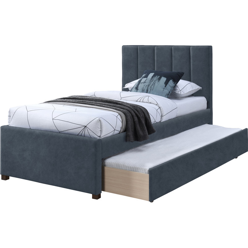 Lit plateforme tapissier Glowacki, Bleu marine en cuir végétalien