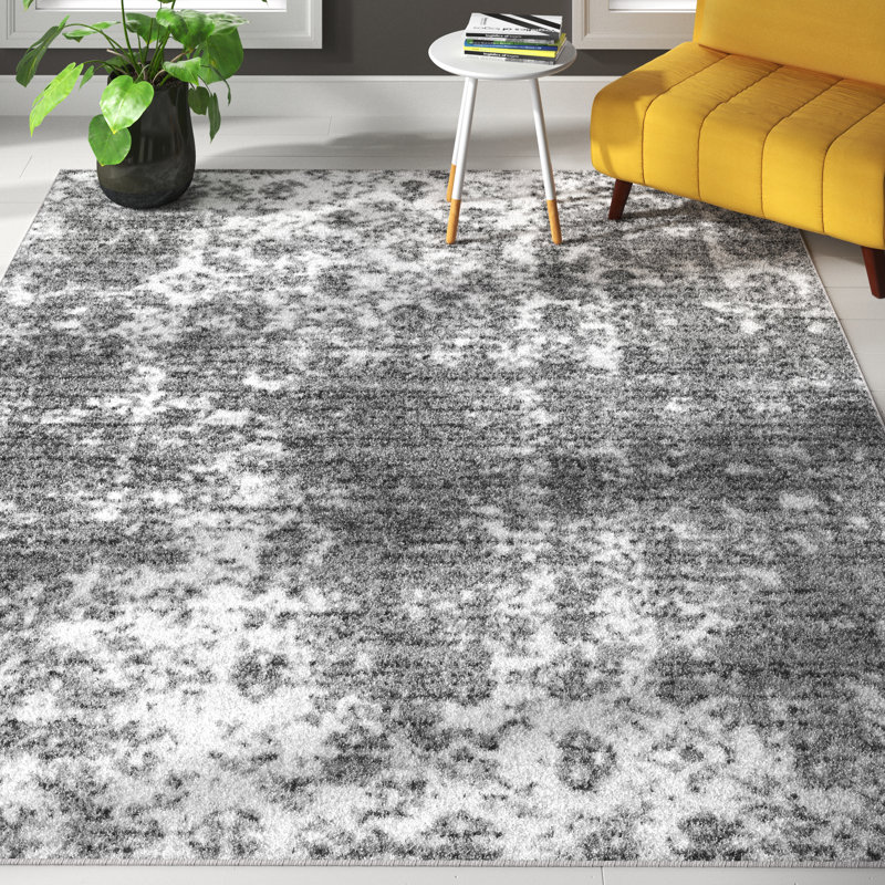 Deedra Modern Abstract Power Loom Performance Gray/White Rug, Rectangle 4' x 6'