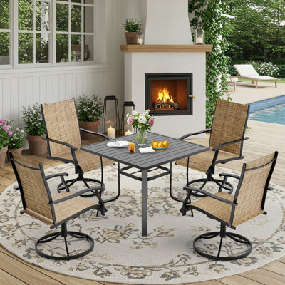 Ensemble de salle à manger de patio 5 pièces, ensemble de table et chaises d'extérieur pour 4, 4 chaises pivotantes, 1 table carrée en fer avec trou de parasol réglable (1,57 po - 1,97 po), ensemble de mobilier de patio pour terrasse, jardin, pelouse