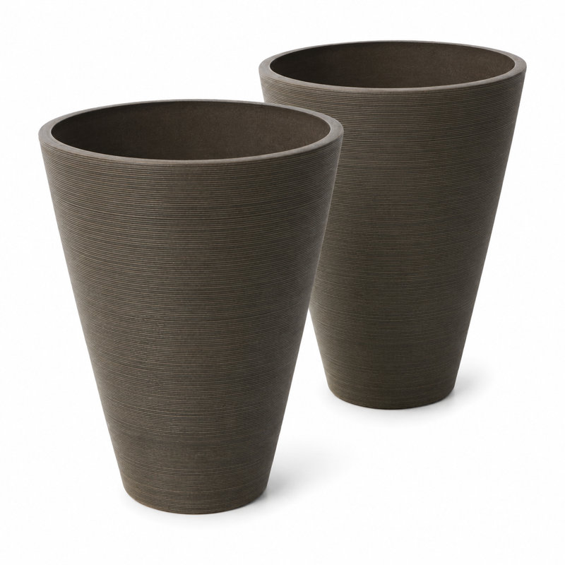 Taio 14" Ribbed Round Composite Planter Set, Chocolate, 14" H x 11.4" W x 11.4" D