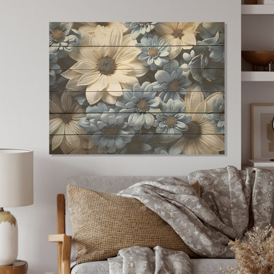 White And Blue Daisy Floweret Innocence - Daisies Wood Wall Art On Natural Pine Wood