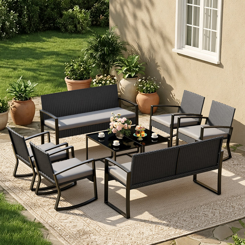 Wicker 8-Person Patio Seating Group With Cushions, Loveseat, Rocking Chairs & Coffee Table