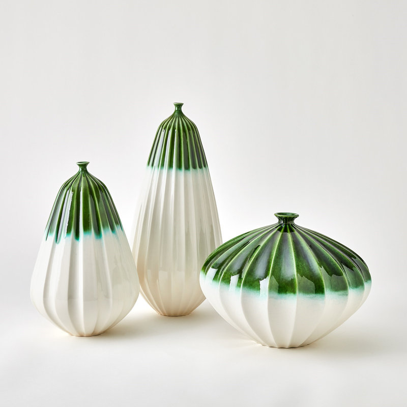 Furrow Handmade Ceramic Table Vase, 15" H x 12" W x 12" D, Deep Green