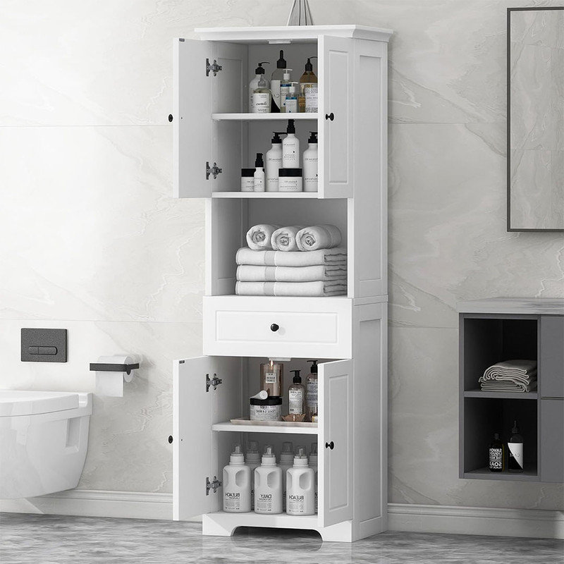 Rectangular Storage Cabinet with Doors, Open Bookcase, Freestanding Organizer Display for Kitchen, Office, Adjustable Shelves, White