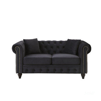 FX 63.5" modern design chesterfield sofa, velvet sofa button design living room sectional sofa, button tufted with nail design arms with 2 pillows, up