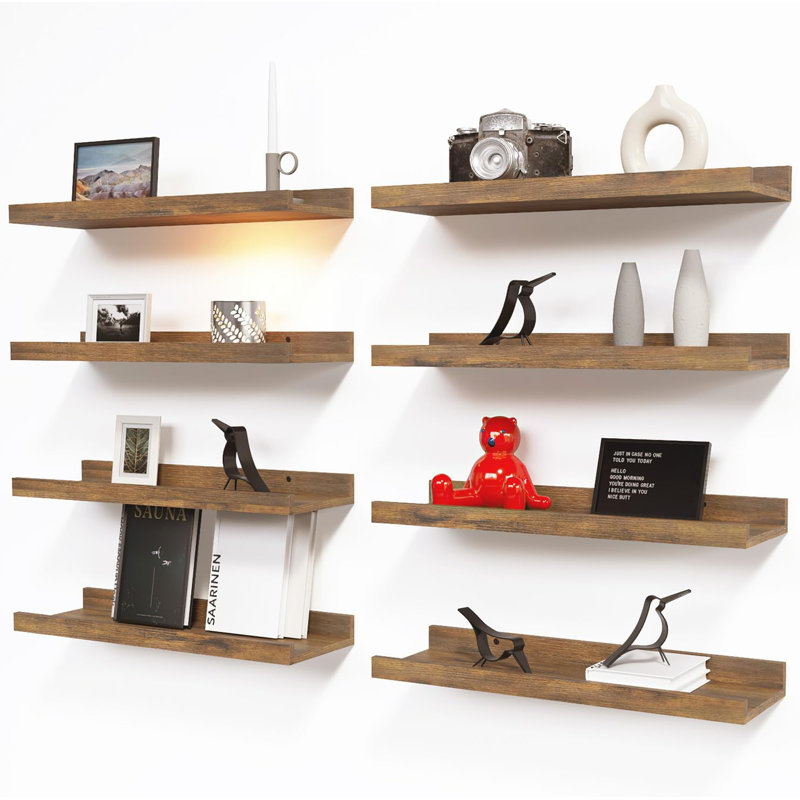 8 Pack Floating Wall Shelves With Lip For Storage, Display Picture Ledge Shelf For Nursery, Bedroom, Bathroom, Kitchen, Living Room Wall Decor, Rustic Brown