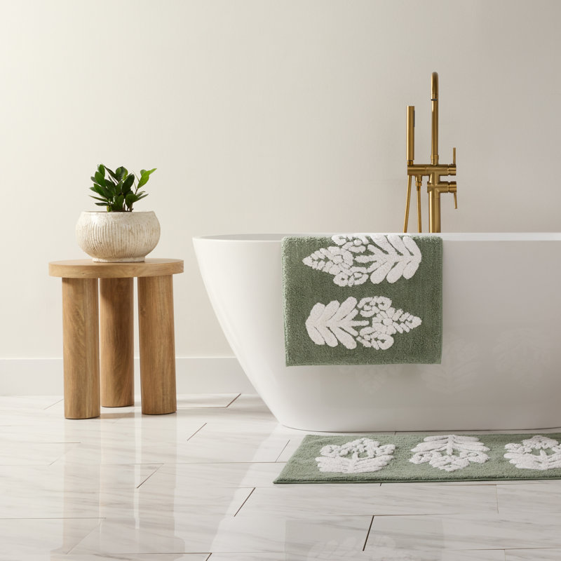 100% Cotton Pattern Bath Mat in Folk Leaves, 24 in x 17 in, Sage Folk Leaves