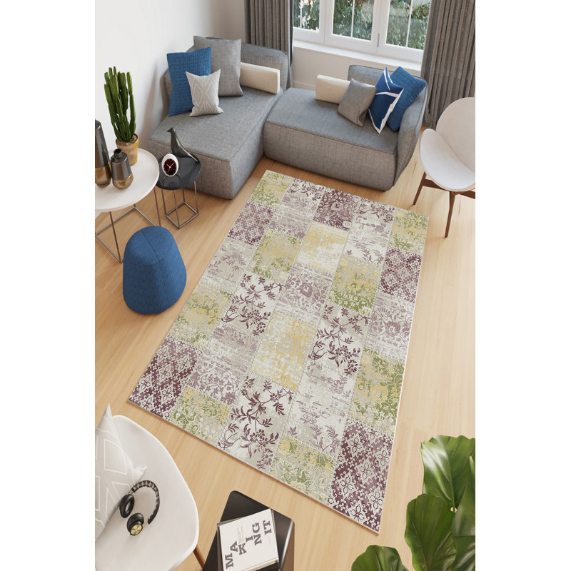 Tapis luxueux, 5,2 x 7,5 pieds, 100% polyester, 650 g / m² | Pois antibactérien, écologique et antidérapant en PVC | Lavable à la machine, impression numérique en beige, rouge damson, jaune et vert | Parfait pour le salon et la chambre à coucher