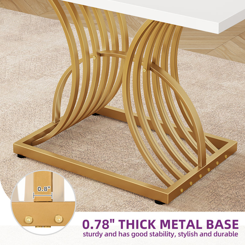 Haman Rectangular Metal Base Dining Table, White/Gold