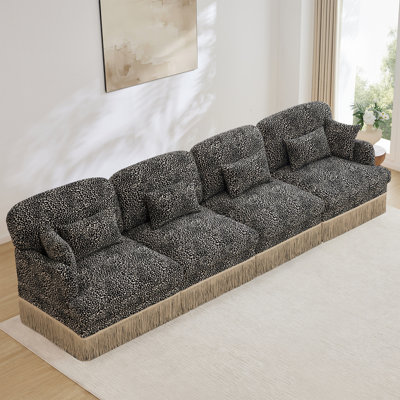 131" Comfy Chenille Leopard Printing 4-Seater Sofa,Delicate Tassel Edge,Modern Fashion Modular Sectional Couch,Ergonomic Back and Seat Design,Easy Assembly,Deep Seat Design for Living Room