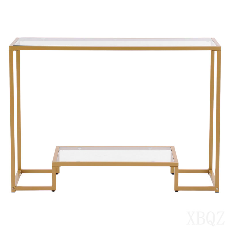 Console à 2 niveaux en verre, table d'appoint rectangulaire moderne avec plateau en verre trempé et pieds en fer, bureau consloe doré avec dispositif anti-basculement pour le salon, le couloir, l'entrée, le vestibule, le doré