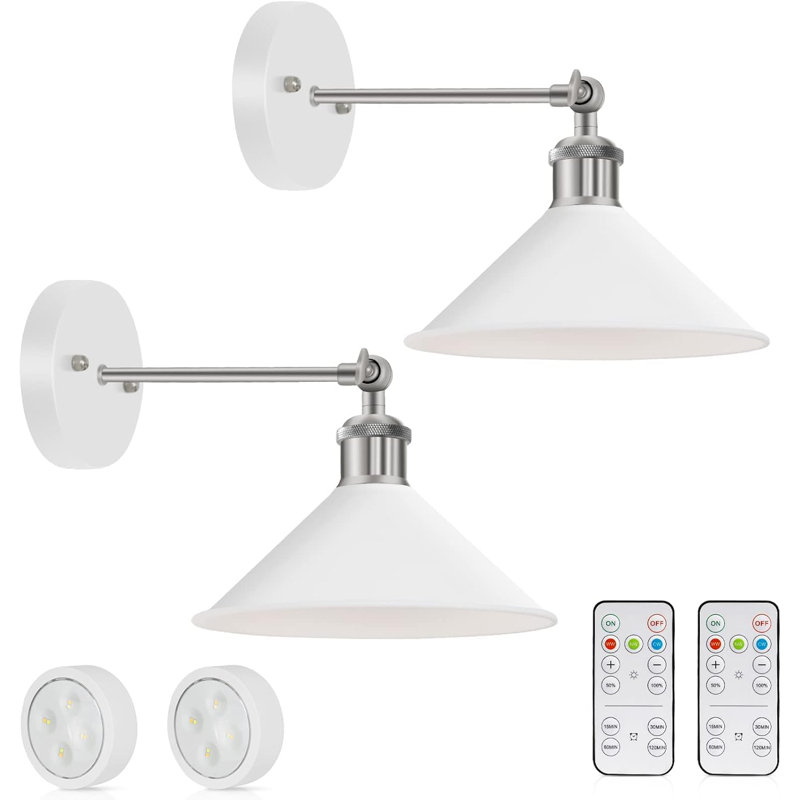 Wireless Battery Operated Wall Lights Set Of Two - Dimmable 3000K-6000K White Wall Sconces With Remote Control - Modern And Easy To Install For Bedroom And Living Room