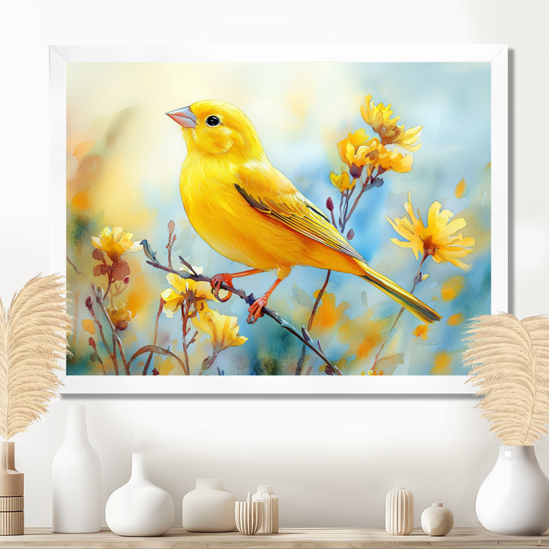 «Finch Bird On A Wildflower Stem III», reproduction sur toile, H 30 po x l 40 po, Cadre flottant, Blanc