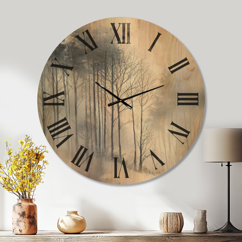 Horloge murale surdimensionnée en bois nature - brouillard d'hiver en forêt, paysage gris et blanc, Oversized