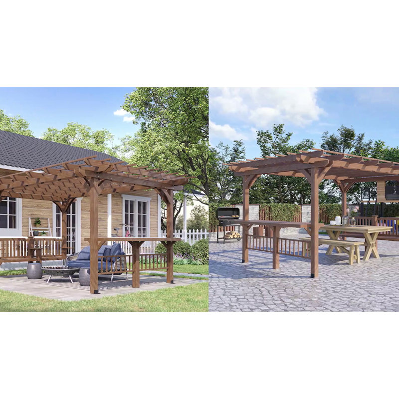 Outsunny 14' x 10' Brown Fir Wood Outdoor Pergola with Bar Counters and Seating