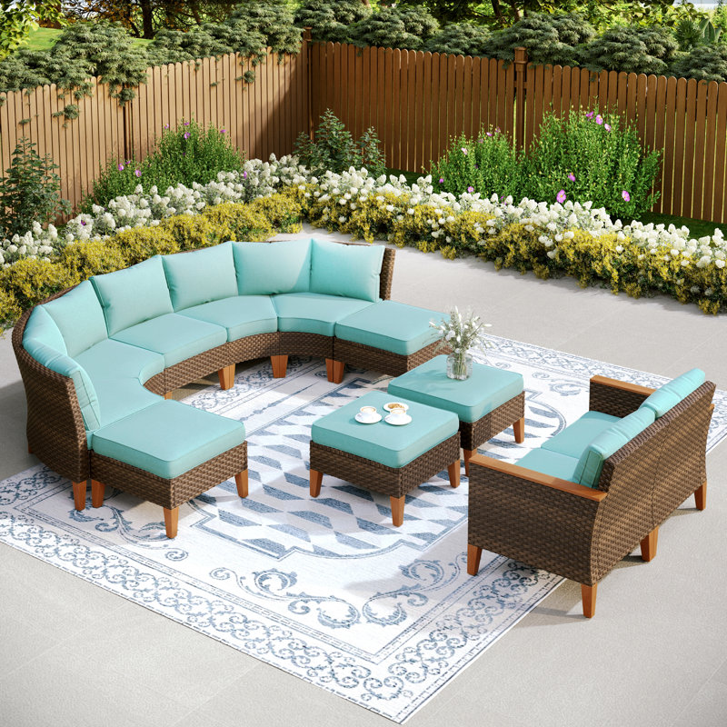 Ensemble de conversation modulaire d'extérieur en osier avec coussins 11 pièces Shutesbury, Bleu